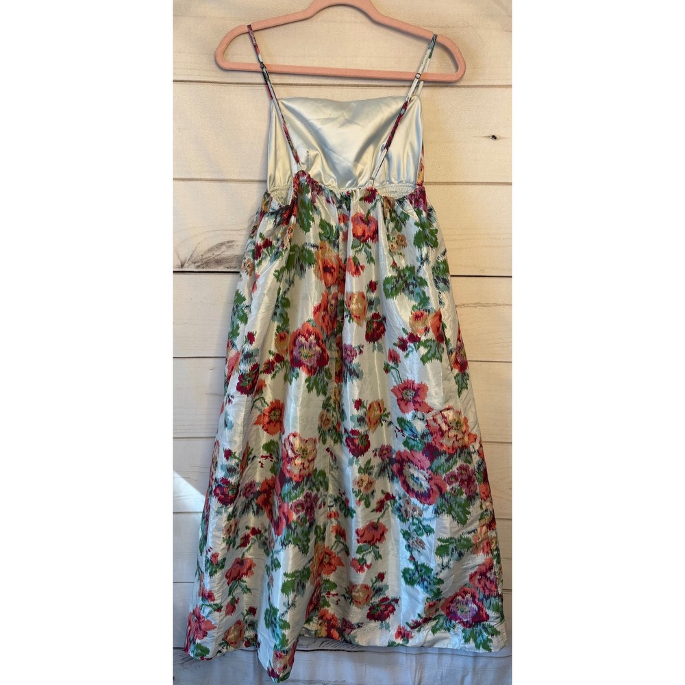BHLDN Floral Ikat Satin Midi Dress Light Blue Red Orange Green Size M NWT - Picture 6 of 6
